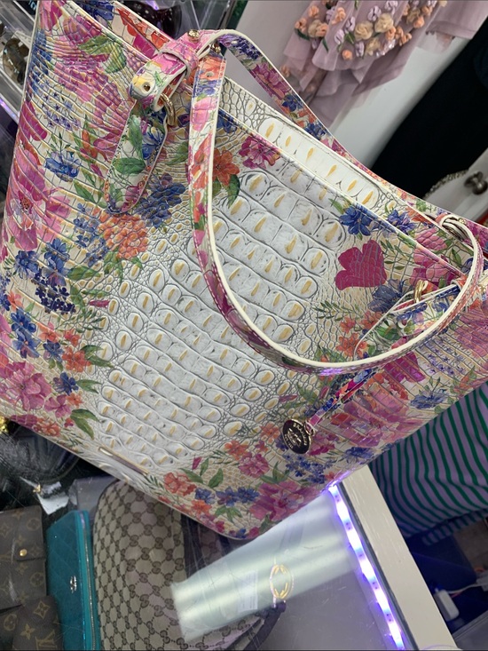 Brahmin Handbags - Brahmin White Croc-Embossed Floral Tote with Pink, Purple & Blue Accents